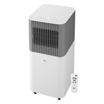 LG LP0526PGF Portable Air Conditioner with white and gray design featuring top control panel and remote control - Front View