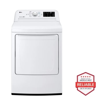 Front view of the 7.3 cu. ft. Electric Dryer with Sensor Dry Technology - DLE7100W. Includes a graphic logo that says, Brought to you by America's Most Reliable Line of Appliances.
1
