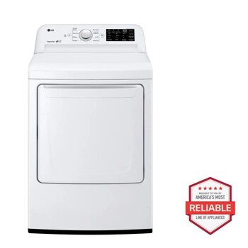 Front view of the 7.3 cu. ft. Electric Dryer with Sensor Dry Technology - DLE7100W. Includes a graphic logo that says, Brought to you by America’s Most Reliable Line of Appliances.
