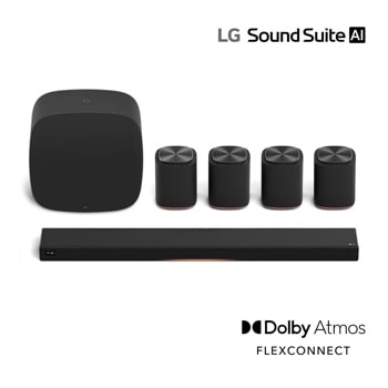 LG M5-P4_H7_W7 Sound Suite AI home theater system with Soundbar, subwoofer and four wireless speakers featuring Dolby Atmos and FLEXCONNECT technology