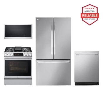 27 cu. ft. Smart Counter-Depth MAX™ French Door Refrigerator with Slide-in Gas Range, Top Control Dishwasher and Microwave Kitchen Package in Stainless Steel LRFLC2706S_LSGL6335X_MVEL2033F_LDNTM545S1