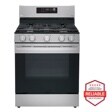Front view of the 5.8 cu ft. Smart Wi-Fi Enabled Fan Convection Gas Range with Air Fry & EasyClean® - LRGL5823S. Includes a graphic logo that says, Brought to you by America’s Most Reliable Line of Appliances.