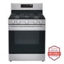 Front view of the 5.8 cu ft. Smart Wi-Fi Enabled Fan Convection Gas Range with Air Fry & EasyClean® - LRGL5823S. Includes a graphic logo that says, Brought to you by America’s Most Reliable Line of Appliances.