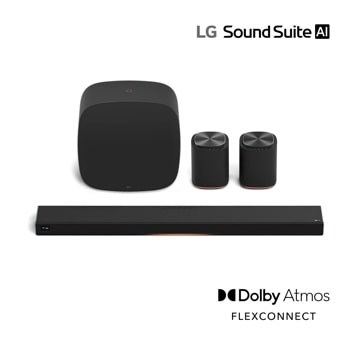 LG M5-P2_H7_W7 Sound Suite AI Soundbar system with subwoofer and two wireless speakers featuring Dolby Atmos and FLEXCONNECT technology - Front View