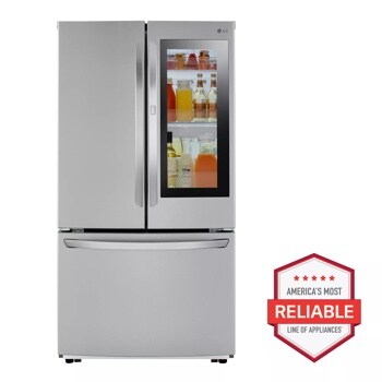Front view of the 27 cu. ft. InstaView™ Door-in-Door® Refrigerator - LFCS27596S. Includes a graphic logo that says, Brought to you by America’s Most Reliable Line of Appliances.