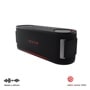 BOUNCEC.AUSAWBK portable speaker with black mesh fabric, red accents, control buttons on top, and metal side bracket - Front View