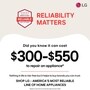 LG LM29VSP7CS French Door Refrigerator reliability infographic with Americas Most Reliable Line of Appliances badge showing repair costs of 300 to 550 dollars with disclaimer Based on cost of LGs out of warranty repair services in 2023
