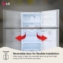 LG LTCS20020W Top Freezer Refrigerator infographic showing reversible door feature with red arrows indicating door can swing left or right for flexible installation in tight spaces