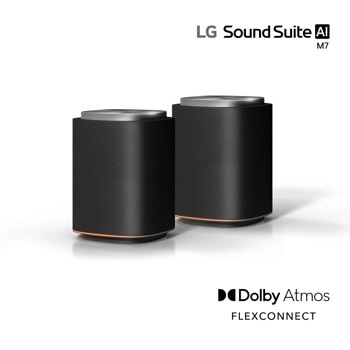 LG M7-P2 Sound Suite AI wireless speakers with cylindrical black design, silver tops and ambient light ring at base featuring Dolby Atmos and FLEXCONNECT