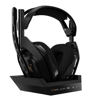 Astro 939002126 wireless gaming headset with microphone on charging base station showing padded ear cups and headband - Side View