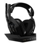 Astro 939002126 wireless gaming headset with microphone on charging base station showing padded ear cups and headband - Side View