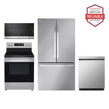 27 cu. ft. Smart Counter-Depth MAX™ French Door Refrigerator with Freestanding Electric Range, Front Control Dishwasher and Microwave Kitchen Package in Stainless Steel LRFLC2706S_LREL6321S_MVEM1621Y_LDFN3432T1