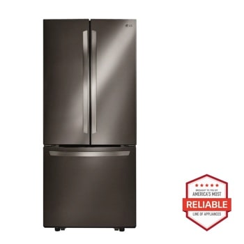 Front view of the 22 cu. ft. French Door Refrigerator - LFCS22520D. Includes a graphic logo that says, Brought to you by America’s Most Reliable Line of Appliances.