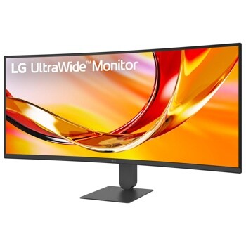 LG 34U640B-B 34-Inch UltraWide Monitor displaying vibrant orange and red abstract waves on screen with square base stand - Right View