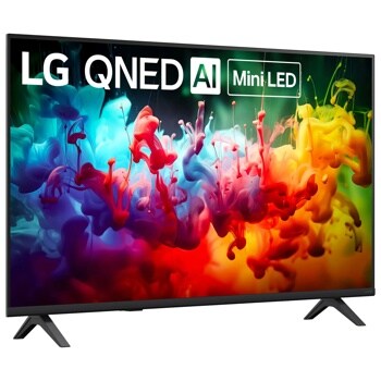43-Inch LG QNED AI Mini LED TV 43QNED75BAA displaying vibrant colorful ink swirls in blue red orange and yellow - Side Angle