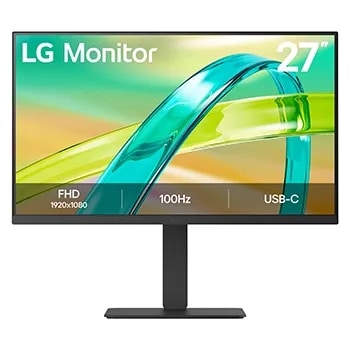 Front view of a monitor displaying a colorful abstract image on a sleek black stand.1