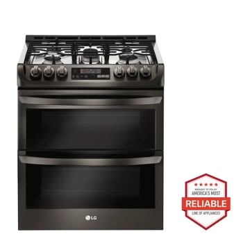 Front view of the 6.9 cu. ft. Smart wi-fi Enabled Gas Double Oven Slide-In Range with ProBake Convection® and EasyClean® - LTG4715BD. Includes a graphic logo that says, Brought to you by America's Most Reliable Line of Appliances.1