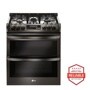 Front view of the 6.9 cu. ft. Smart wi-fi Enabled Gas Double Oven Slide-In Range with ProBake Convection® and EasyClean® - LTG4715BD. Includes a graphic logo that says, Brought to you by America’s Most Reliable Line of Appliances.
