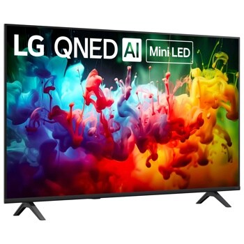 55-Inch LG QNED AI Mini LED TV 55QNED75BAA displaying vibrant colorful ink swirls in blue, red, yellow and green - Front Angle View