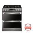 Front view of the LG SIGNATURE 7.3 cu.ft. Smart wi-fi Enabled Dual Fuel Double Oven Range with ProBake Convection® - LUTD4919SN. Includes a graphic logo that says, Brought to you by America’s Most Reliable Line of Appliances.