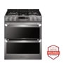 Front view of the LG SIGNATURE 7.3 cu.ft. Smart wi-fi Enabled Dual Fuel Double Oven Range with ProBake Convection® - LUTD4919SN. Includes a graphic logo that says, Brought to you by America’s Most Reliable Line of Appliances.