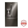 Front view of the 26 cu. ft. Smart wi-fi Enabled French Door Refrigerator - LFXS26973D. Includes a graphic logo that says, Brought to you by America’s Most Reliable Line of Appliances.