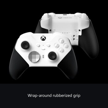 Xbox Elite Wireless Controller 4IK00001 with white faceplate and black rubberized grip handles shown from front and back views