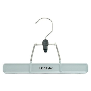 LG Styler clothing hanger with metal hook and plastic base Front View