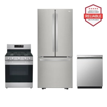 LG LFCS22520S_LRGL5821S_LDFN3432T kitchen package with gas range, refrigerator, and dishwasher, America's Most Reliable line of appliances Front View