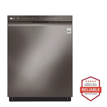 Front view of the Front Control Dishwasher with QuadWash™ and EasyRack™ Plus - LDF5545BD. Includes a graphic logo that says, Brought to you by America’s Most Reliable Line of Appliances.
