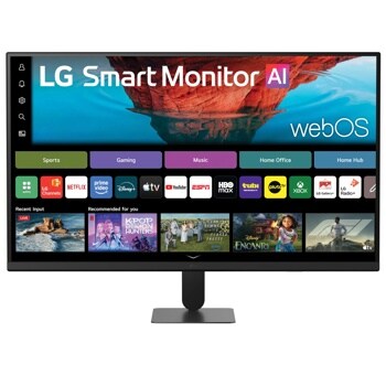 LG 32U701SB-B Smart Monitor AI with webOS interface displaying streaming apps and content recommendations