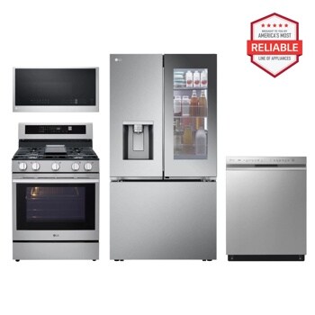 26 cu. ft. Counter-Depth Instaview French Door Refrigerator with Freestanding Gas Range, Front Control Dishwasher and Microwave Kitchen Package in Stainless Steel LRYKC2606S_LRGN6325X_MVEL2033F_LDFN4542S