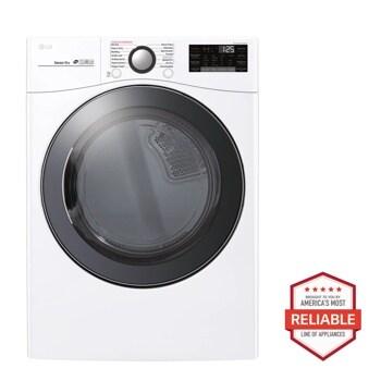 Front view of the 7.4 cu.ft. Smart wi-fi Enabled Gas Dryer with TurboSteam™ - DLGX3901W. Includes a graphic logo that says, Brought to you by America’s Most Reliable Line of Appliances.
