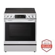 Front view of the 6.3 cu ft. Smart wi-fi Enabled ProBake Convection® InstaView® Electric Slide-In Range with Air Fry - LSEL6335F. Includes a graphic logo that says, Brought to you by America’s Most Reliable Line of Appliances.