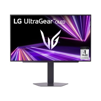 LG 27GX704A-B 27-Inch UltraGear OLED Gaming Monitor displaying purple light streaks with UltraGear logo and #1 OLED Gaming Monitor badge - Front View1