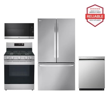 27 cu. ft. Smart Counter-Depth MAX™ French Door Refrigerator with Freestanding Gas Range, Front Control Dishwasher and Microwave Kitchen Package in Stainless Steel LRFLC2706S_LRGL5821S_MVEM1621Y_LDFN3432T1