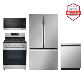 27 cu. ft. Smart Counter-Depth MAX™ French Door Refrigerator with Freestanding Gas Range, Front Control Dishwasher and Microwave Kitchen Package in Stainless Steel LRFLC2706S_LRGL5821S_MVEM1621Y_LDFN3432T