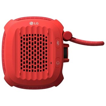 ROCK_CNOALRE portable speaker in bright red with speaker grille, Bluetooth button, and fabric strap