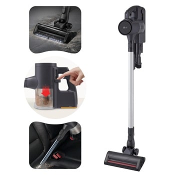 LG C5323GW Cordless Vacuum with LED lights on floor nozzle, handheld, and crevice tool attachments Front View1