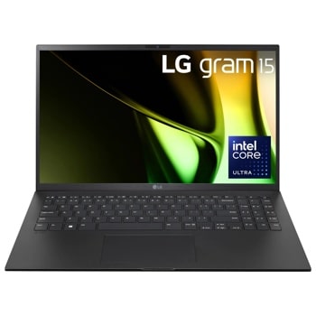 LG gram 15 laptop with Intel Core Ultra processor, black finish, open screen displaying LG gram 15 and Intel Core Ultra logo, keyboard visible Front View