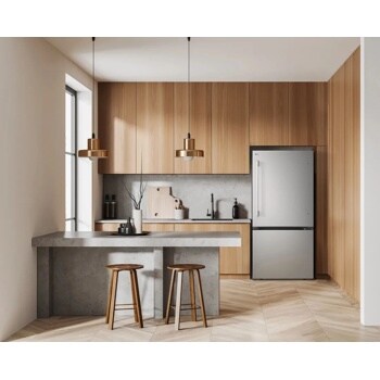 LG LB26H2200S Bottom Freezer Refrigerator in modern kitchen setting with island and stools Lifestyle Kitchen Setting
