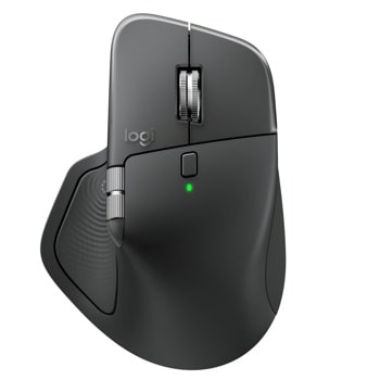Logitech 910007616 wireless ergonomic mouse with scroll wheel, side buttons, and green indicator light