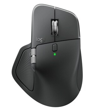 Logitech 910007616 wireless ergonomic mouse with scroll wheel, side buttons, and green indicator light