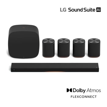 LG M7-P4_H7_W7 Sound Suite AI home theater system with Soundbar, subwoofer and four wireless speakers featuring Dolby Atmos and FLEXCONNECT - Front View
