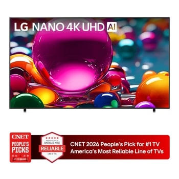 LG NANO 4K UHD AI TV 98NU850BAUB with CNET 2026 People's Pick for #1 TV Brand and America's Most Reliable Line of TVs badges - Front View1