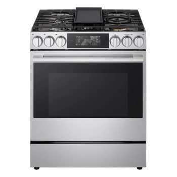LG LSGU6339X Gas Range with stainless steel finish featuring digital control panel and five burners with center griddle - Front View