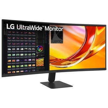 LG 34U601B-B 34-Inch UltraWide Monitor displaying photo editing software with image thumbnails and vibrant orange graphics on screen - Front View