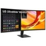 LG 34U601B-B 34-Inch UltraWide Monitor displaying photo editing software with image thumbnails and vibrant orange graphics on screen - Front View