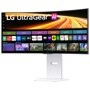 LG 34GX90SB-W UltraGear OLED Gaming Monitor displaying webOS interface with streaming apps on white stand