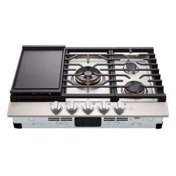 # LG Cooktop with gas burners and griddle showing control panel and stainless steel finish - Top-Down View
